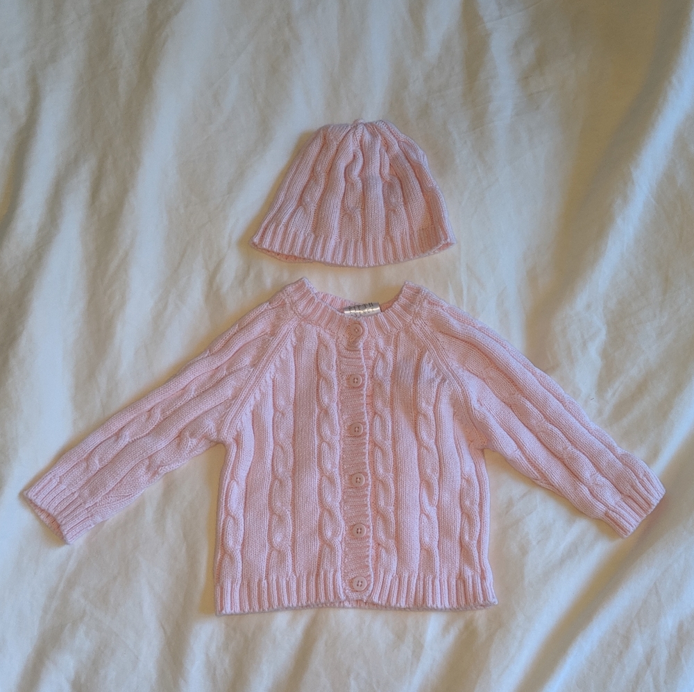 Pink Cable-Knit Cardigan & Beanie Size 0-6M